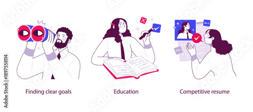 Flat illustration showing finding clear career goals, continuous education, and creating a competitive resume for professional growth and job success.