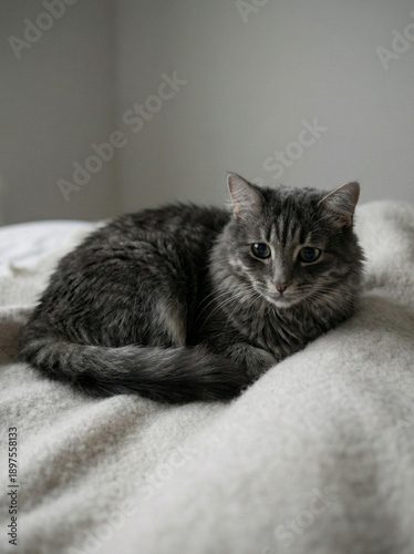 Serene Cat on a Blanket: A tranquil grey cat rests peacefully atop a soft blanket, its focused gaze and relaxed posture radiating calm and comfort.
