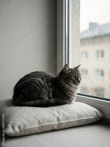 Contemplative Cat: A fluffy domestic feline gazes out of a rain-streaked window, perched upon a soft cushion, lost in thought on a rainy day.
