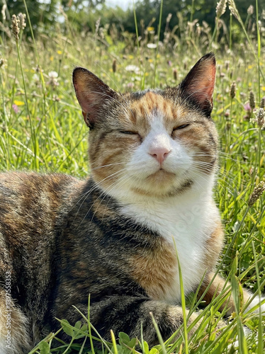 Contented Cat in a Green Paradise: A domestic cat, basking in the sun amidst a vibrant green meadow. Its eyes closed in serene contentment, radiating a sense of pure peace and tranquility.