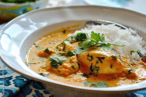A creamy orange fish curry with rice served in a white bowl on a patterned cloth. Asian