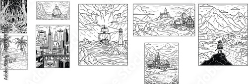 A collection of black and white fantasy adventure landscapes and scenes in line art style