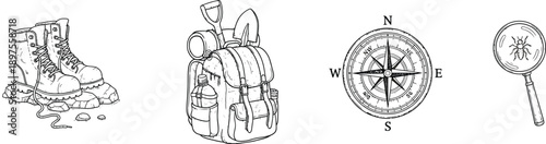 Essential gear for outdoor exploration featuring boots, backpack, compass, and magnifying glass