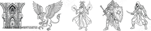 A collection of fantasy characters and mystical elements, line art illustration set