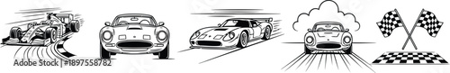 Black and white illustrations of various sports cars and racing elements