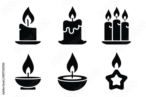 Candle Icons: Lit Flames, Star, Set of Various Designs