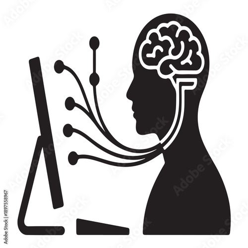 Symbolic representation of human intelligence connected to a desktop computer via multiple data cables, illustrating brain computer interface and digital integration
