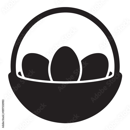 Simple black silhouette icon of an easter basket filled with three eggs, symbolizing spring, new beginnings, and holiday traditions