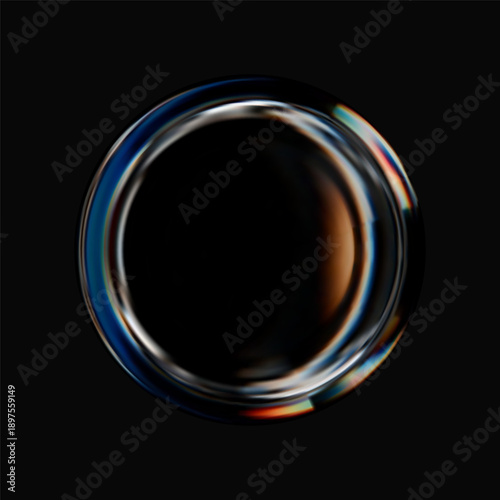 Modern 3d liquid glass disc isolated on a black background. 3d render of transparent button, podium or mirror with holographic gradient and light dispersion, refraction and iridescent effects
