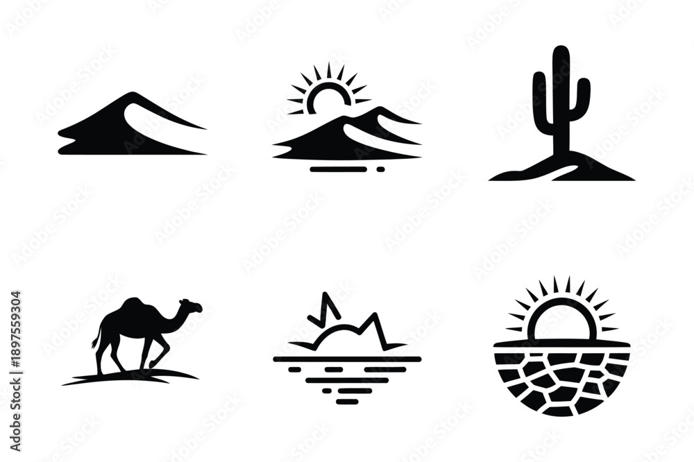 Fototapeta premium Desert Icons: Sand Dunes, Cactus, Camel, Sun, and Arid Landscape