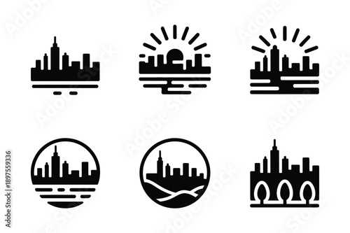 Cityscape Icons: Skyline, Urban, Modern Architecture, Downtown Symbols