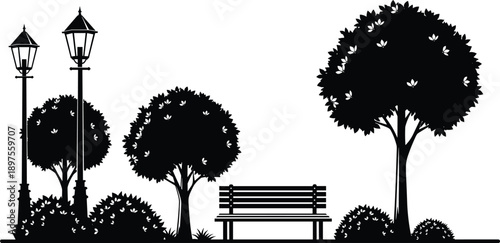 Black Silhouette Vector Illustration of an Urban Park Featuring Vintage Street Lamps a Wooden Bench Trees and Decorative Garden Bushes