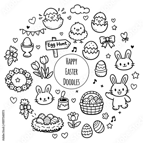 Cute Easter Doodle Line Art Collection. Hand drawn elements