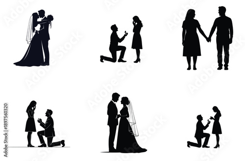 Couple Silhouette Vector Illustrations Set: Romance, Wedding, and Proposal Scenes