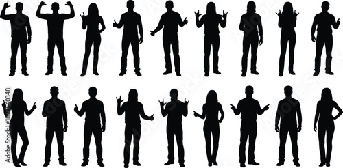 Set of Black Silhouette Vector Illustrations Featuring Men and Women in Various Standing Poses and Hand Gestures for Creative Designs