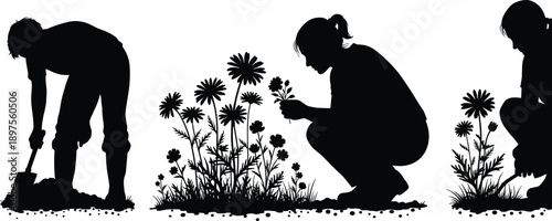 Set of Black Silhouette Vector Illustrations Featuring People Gardening Planting Flowers and Digging Soil for Spring Nature Landscape and Outdoor Activity Graphic Designs