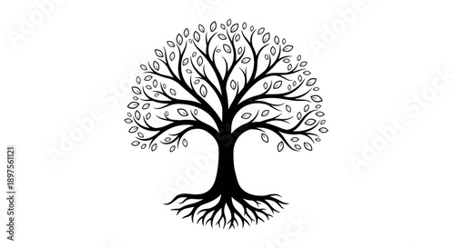 Stylized Black Tree with Intricate Roots and Leaves.