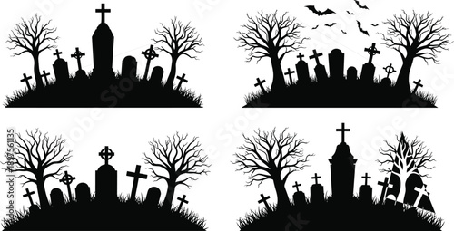 Set of Four Spooky Halloween Graveyard Silhouette Vector Illustrations Featuring Tombstones Dead Trees Bats and Crosses on Grassy Hills for Horror Party Designs