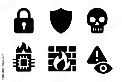 Cyber Security Icons Set Including Lock Shield Skull Burning Computer And Warning Sign