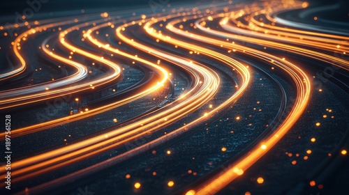 Macro optical cables with multiple golden light trails following curved paths through fiber optic network infrastructure