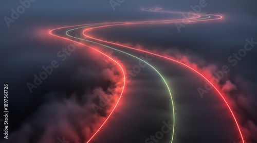 Optical path curves laser light trails smoke atmosphere visible beam trajectories red green coherent light streams abstract composition