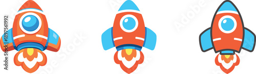 Rocket ship launching flat icon set for startup business growth and innovation