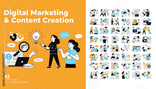 Creative concept vector illustrations showing design, art, and idea generation. Includes teamwork