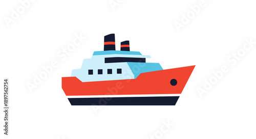 Stylized Illustration of a Red and Blue Cruise Ship.