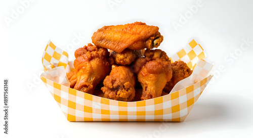 Crispy fried chicken wings in a yellow and white checkered paper basket on a plain white background