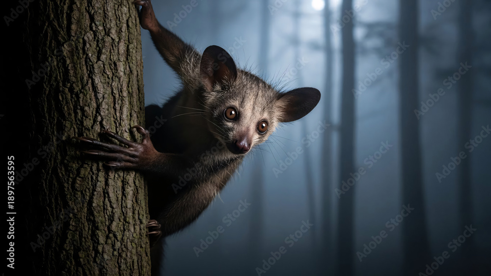 Naklejka premium Lemur Peeking from Tree Trunk in Misty Forest
