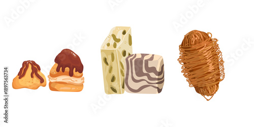 Kunafa, nougat, turkish delight, Halva confection, Cream puffs with glossy chocolate, hand drawn vector illustration.