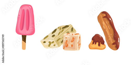 Tasty nougat, ice cream, turkish delight, Halva confection, Cream puffs with glossy chocolate set, hand drawn vector illustration.