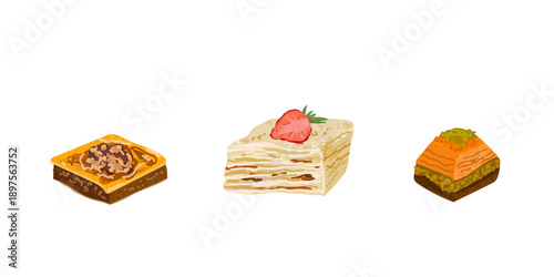 Turkish Traditional desserts pistachio baklava,  gullach, hand drawn vector illustration.