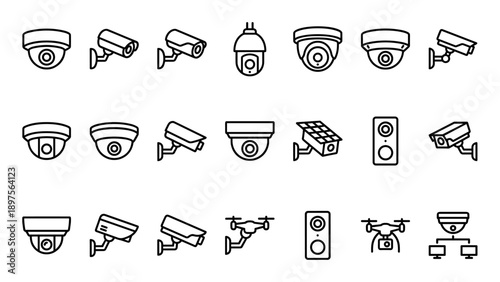 Comprehensive Vector Set of Security Camera and CCTV Line Icons. Minimalist Surveillance Equipment, Monitoring Systems, Safety Protection Symbols, and Drone Technology on a White Background.