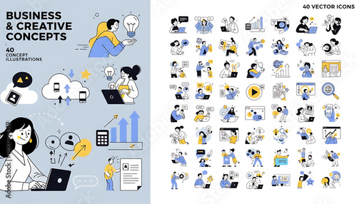Creative concept vector illustrations showing design, art, and idea generation. Includes teamwork