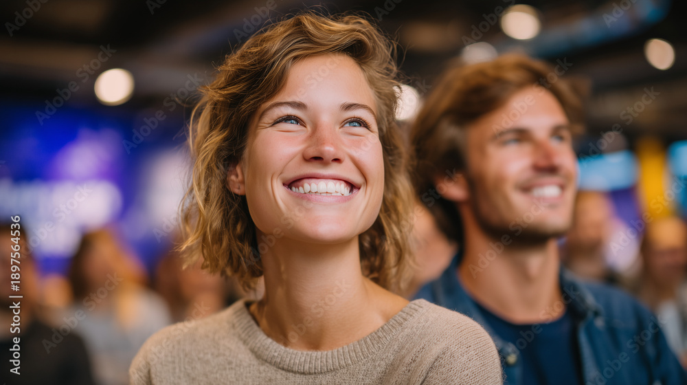 Obraz premium Close-up image of engaged participants smiling and laughing while listening to a startup founder, authentic human reactions, blurred banners and screens in the background, innovati