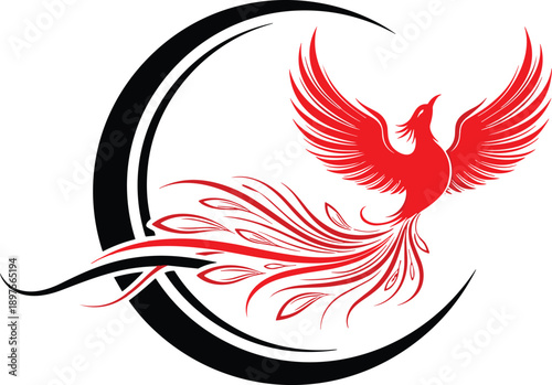 Majestic red phoenix bird with spreading wings rising from a black crescent moon isolated on white background for mystical fantasy logo design