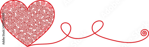Minimalist red heart illustration filled with decorative spiral patterns and a continuous curly line isolated on white background for romantic valentine design