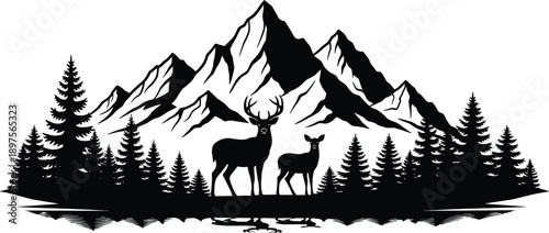 Mountain Range Landscape Silhouette with Pine Forest and Deer Family for Outdoor Adventure Travel Nature Conservation and Rustic Home Decor Graphic