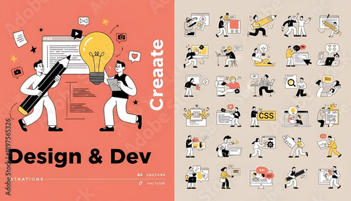 Creative concept vector illustrations showing design, art, and idea generation. Includes teamwork