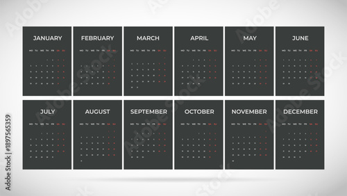 2026 minimal calendar template, week starts Monday.