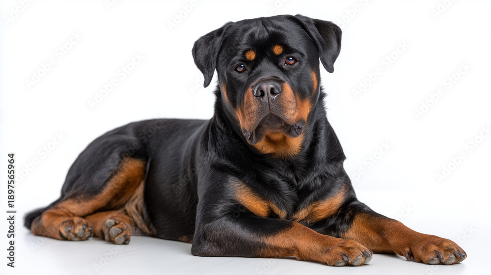 Fototapeta premium Calm Rottweiler sitting proudly, isolated on white background, muscular build, glossy black-and-tan coat, confident expression, soft subtle shadowing