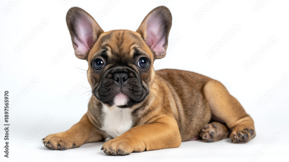 Obraz premium Playful French Bulldog puppy sitting, isolated on white background, wrinkled face, bat-like ears, bright curious eyes, subtle shadow under paws, realistic fur and skin texture