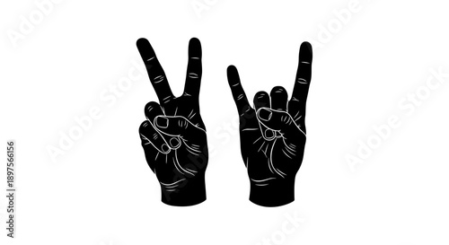 Two Hands Making Different Gestures Peace and Rock On.