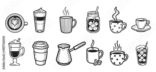Cute hand drawn coffee cups doodle icons set with hot drink mugs and takeaway cups vector illustration