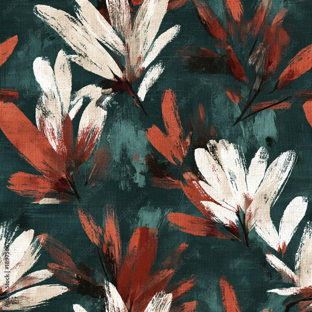 Obraz premium Abstract seamless pattern with coral and beige brushstroke flowers on dark teal textured background. Hand painted floral motif for textile, wallpaper.