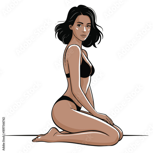 Beautiful woman in black lingerie with body contour lines posing kneeling side view vector illustration for beauty and wellness concepts