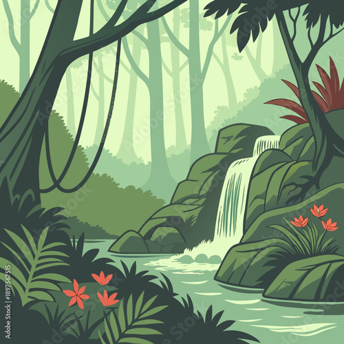 Dense jungle with hidden waterfall and exotic plants vector illustration