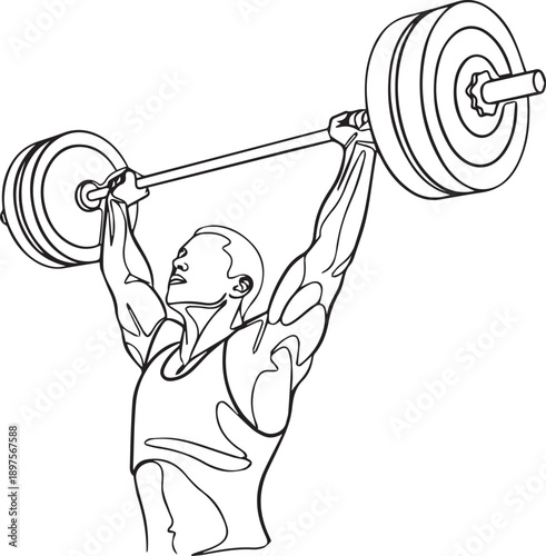 Sketch of a muscular man performing a weightlifting overhead press