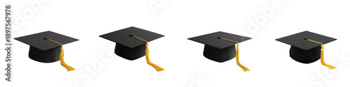 Photos Set of black graduation caps with yellow tassels, academic mortarboard hats for